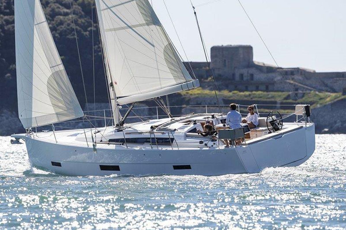 Exterior view of Sweetest taboo, a Dufour 430 GL sailboat at Grad Šibenik, Croatia