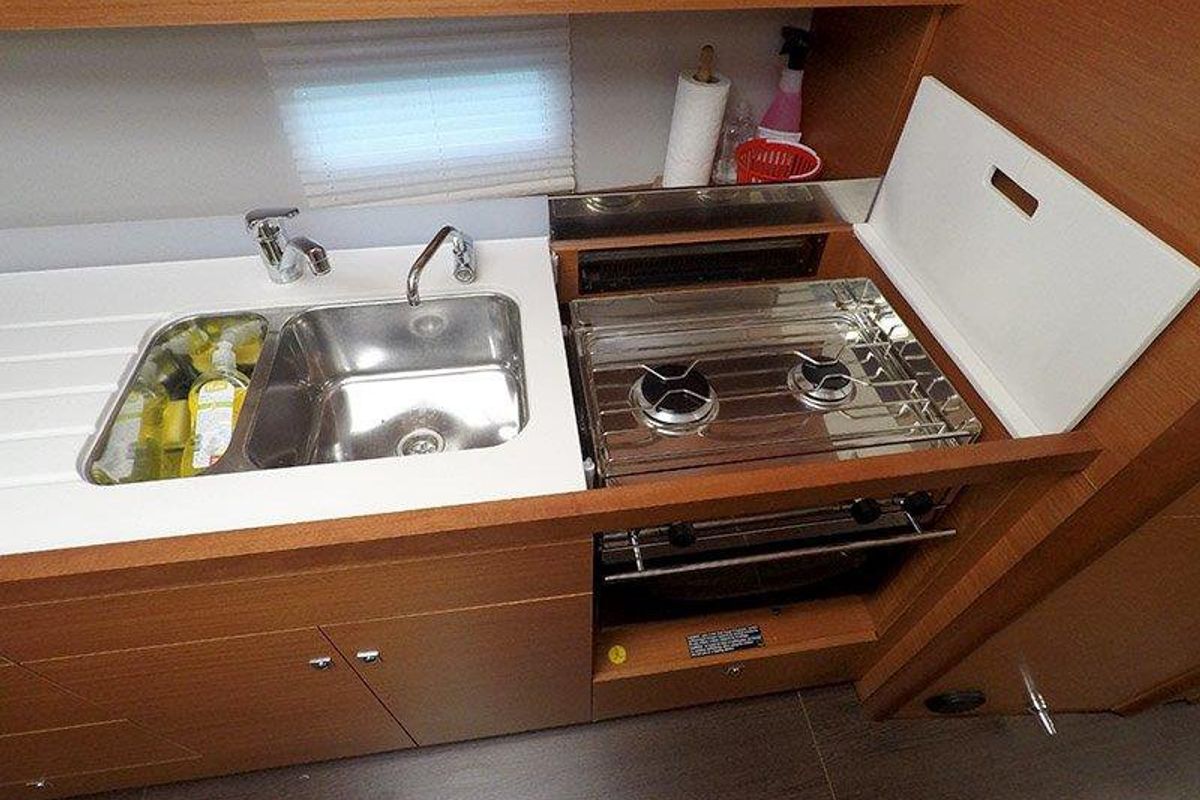 Galley of Sweetest taboo, a Dufour 430 GL sailboat at Grad Šibenik, Croatia