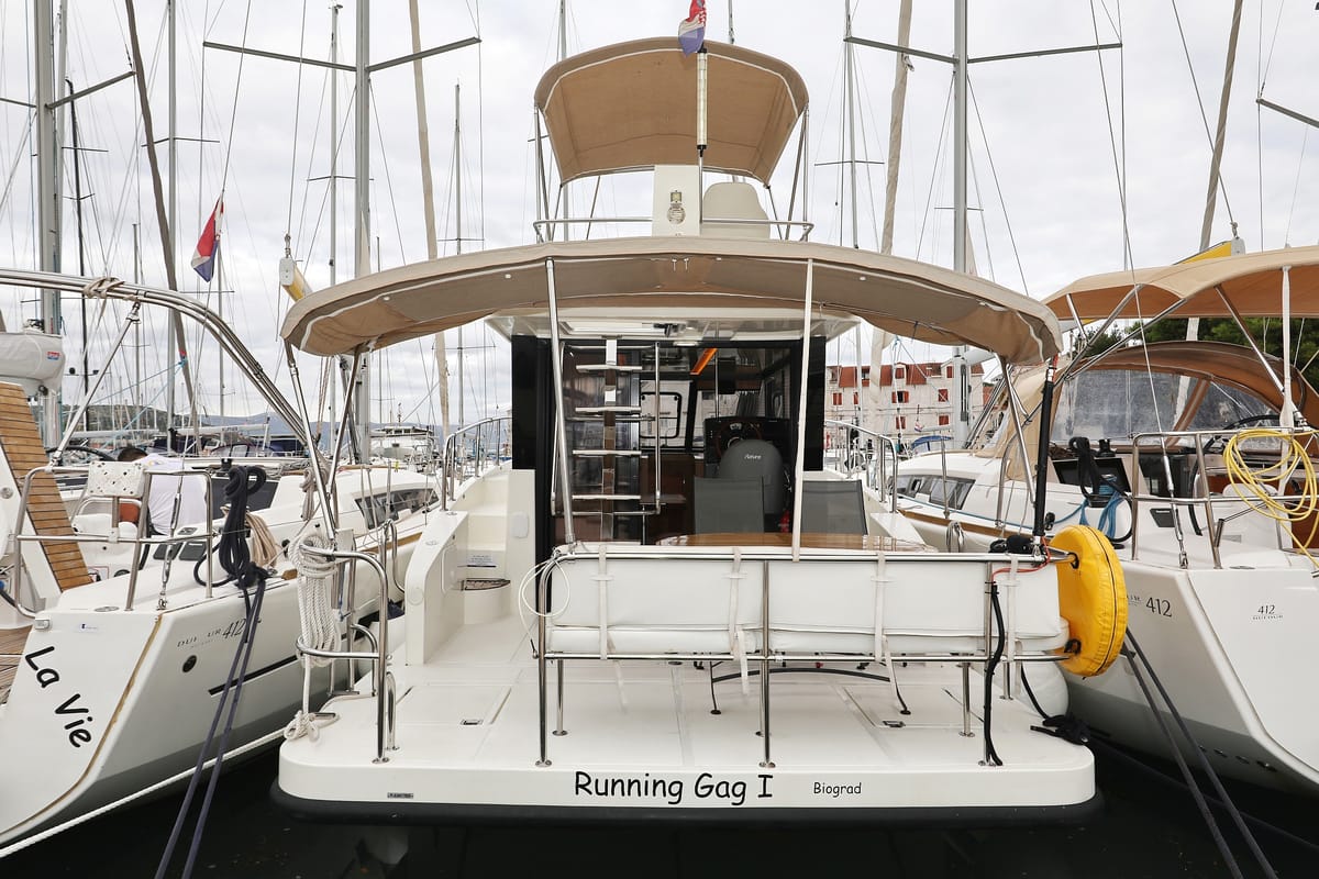 Exterior view of Running Gag I, a Cobra Yachts Futura 40 Grand Horizon yacht at Grad Biograd na Moru, Croatia