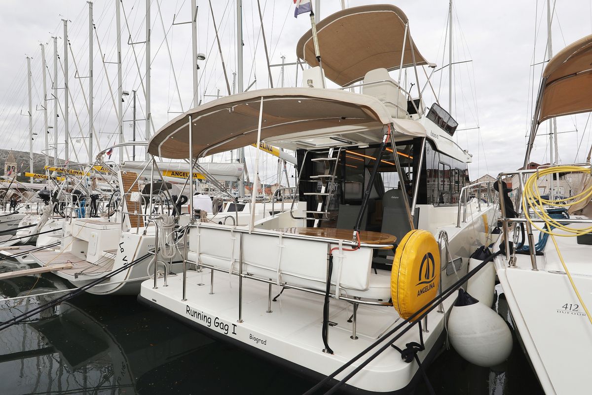 Exterior view of Running Gag I, a Cobra Yachts Futura 40 Grand Horizon yacht at Grad Biograd na Moru, Croatia