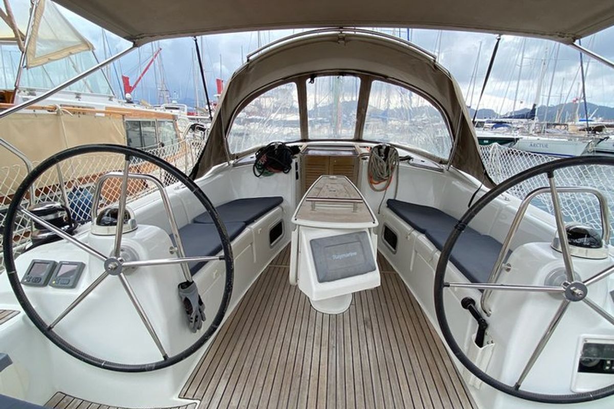 Cockpit of Rhapsody, a Beneteau Oceanis 43 sailboat at Marmaris, Turkey