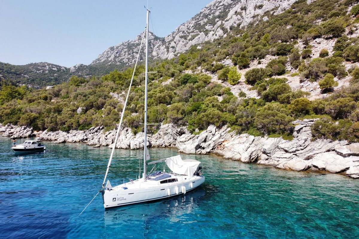 Exterior view of Rhapsody, a Beneteau Oceanis 43 sailboat at Marmaris, Turkey