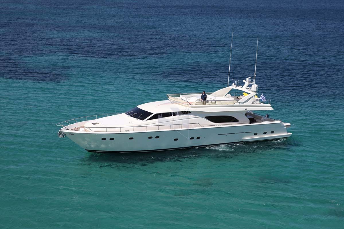 Exterior view of Kentavros II, a Ferretti 80 yacht at Gouvia, Greece