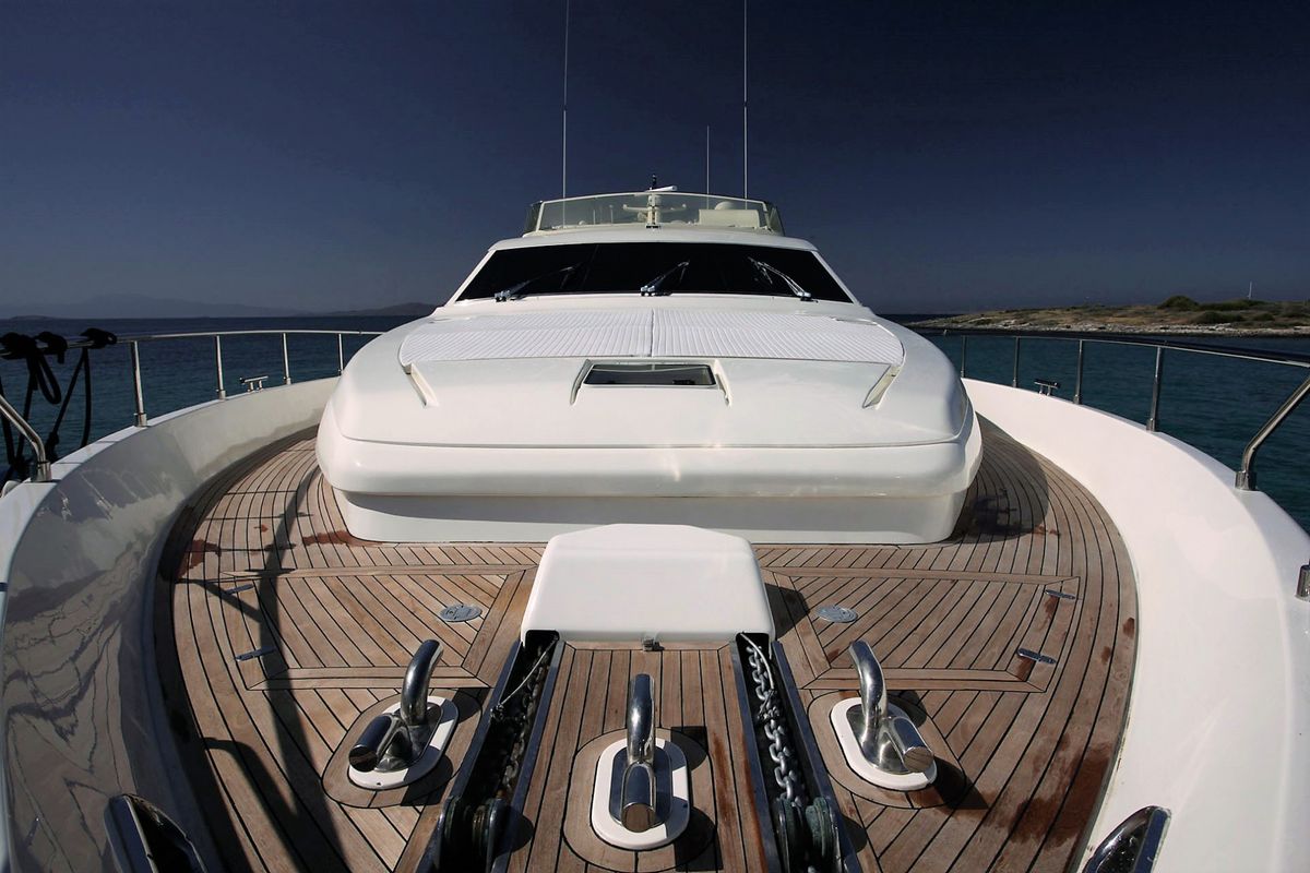Deck of Kentavros II, a Ferretti 80 yacht at Gouvia, Greece