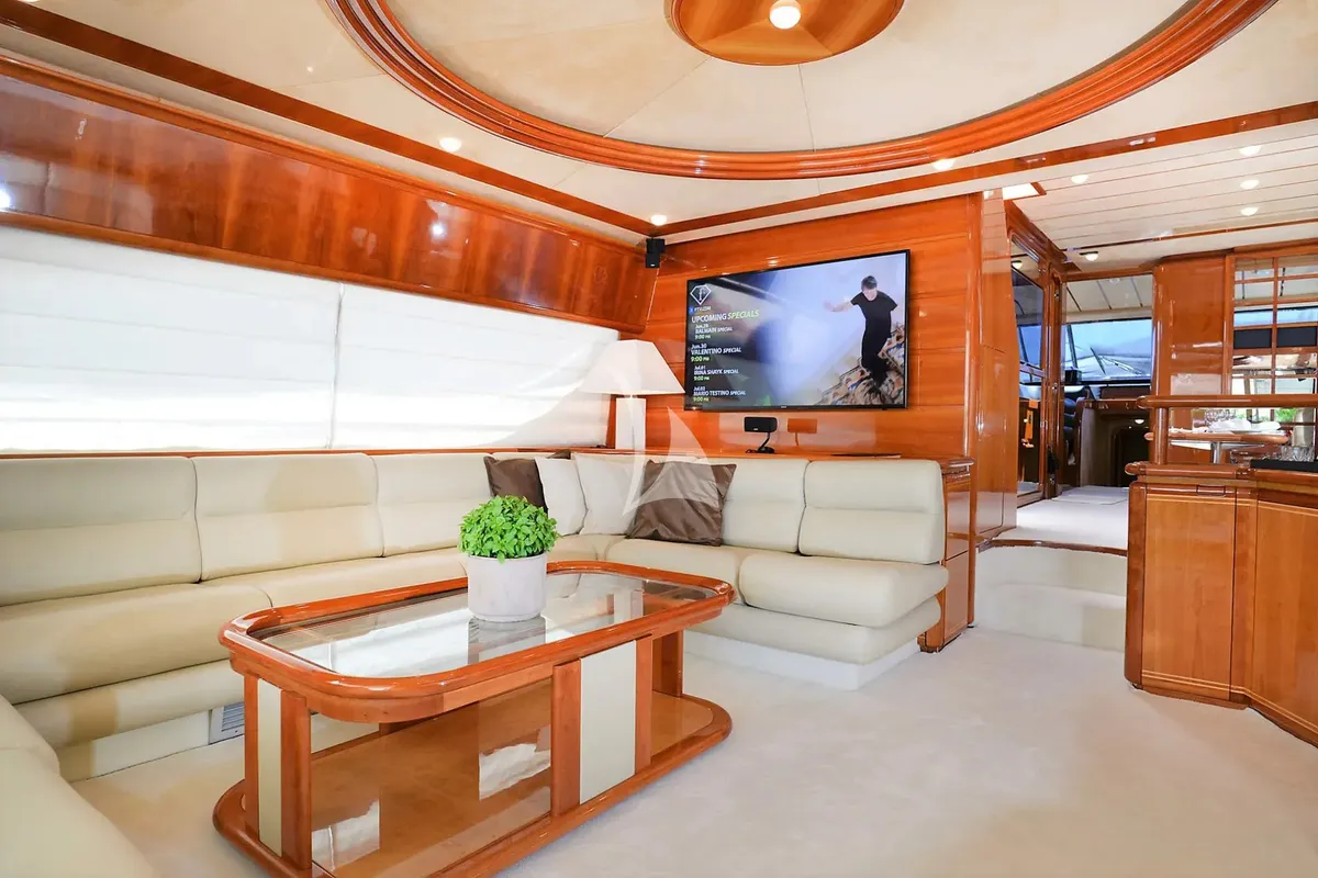 Salon of Kentavros II, a Ferretti 80 yacht at Gouvia, Greece