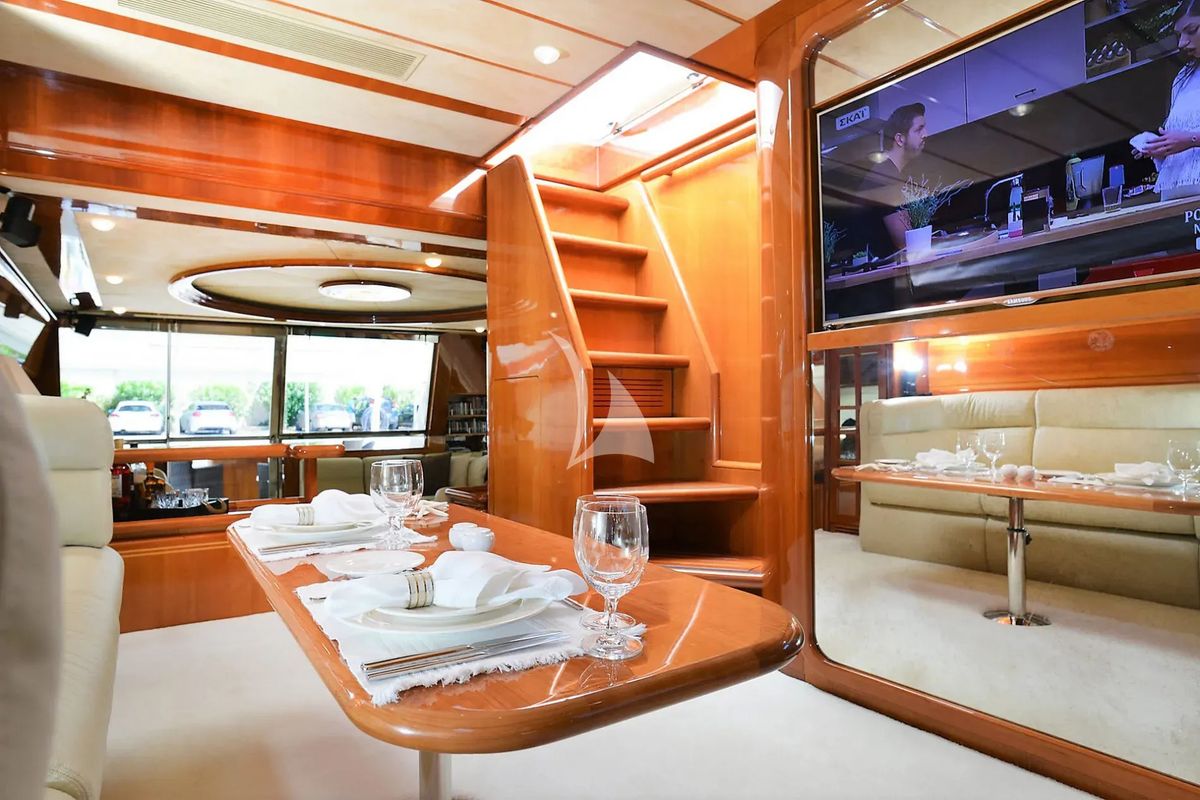 Salon of Kentavros II, a Ferretti 80 yacht at Gouvia, Greece