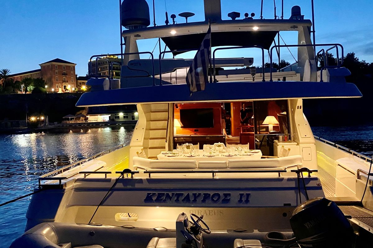 Deck of Kentavros II, a Ferretti 80 yacht at Gouvia, Greece