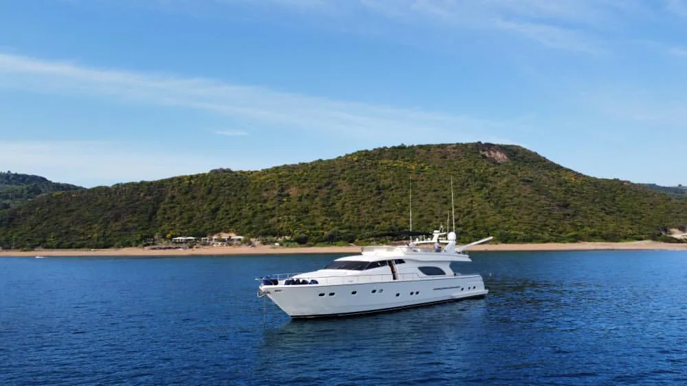 Exterior view of Kentavros II, a Ferretti 80 yacht at Gouvia, Greece