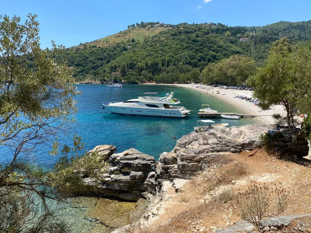 Exterior view of Kentavros II, a Ferretti 80 yacht at Gouvia, Greece
