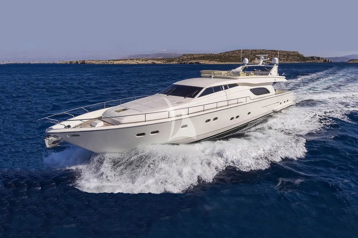 Exterior view of Kentavros II, a Ferretti 80 yacht at Gouvia, Greece