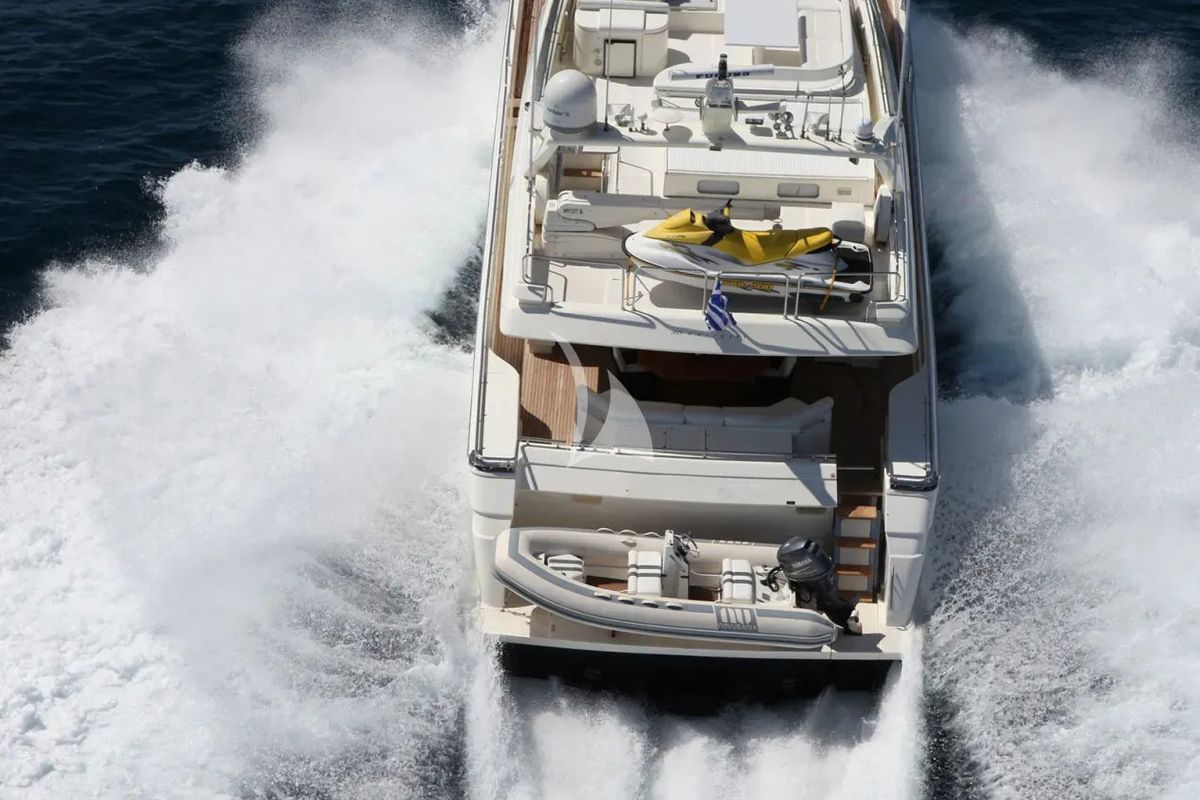 Deck of Kentavros II, a Ferretti 80 yacht at Gouvia, Greece