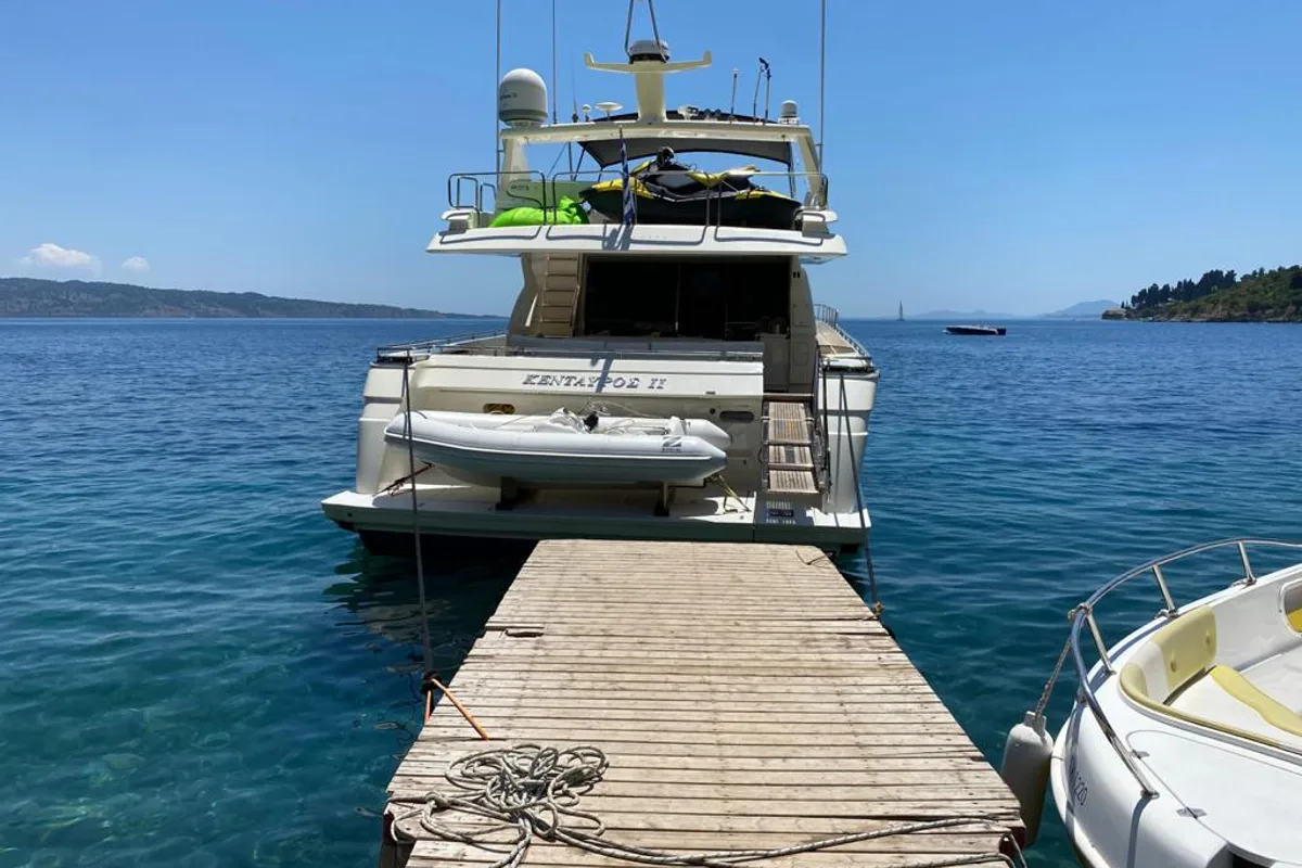 Deck of Kentavros II, a Ferretti 80 yacht at Gouvia, Greece