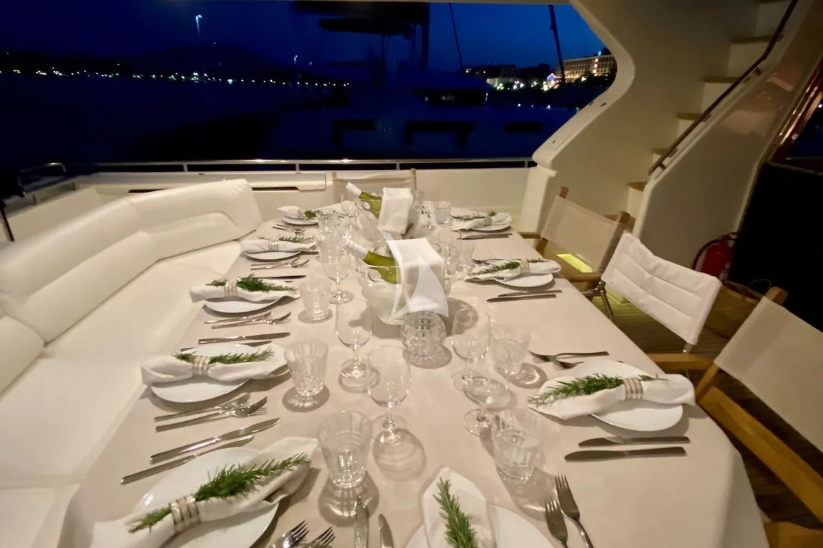 Deck of Kentavros II, a Ferretti 80 yacht at Gouvia, Greece