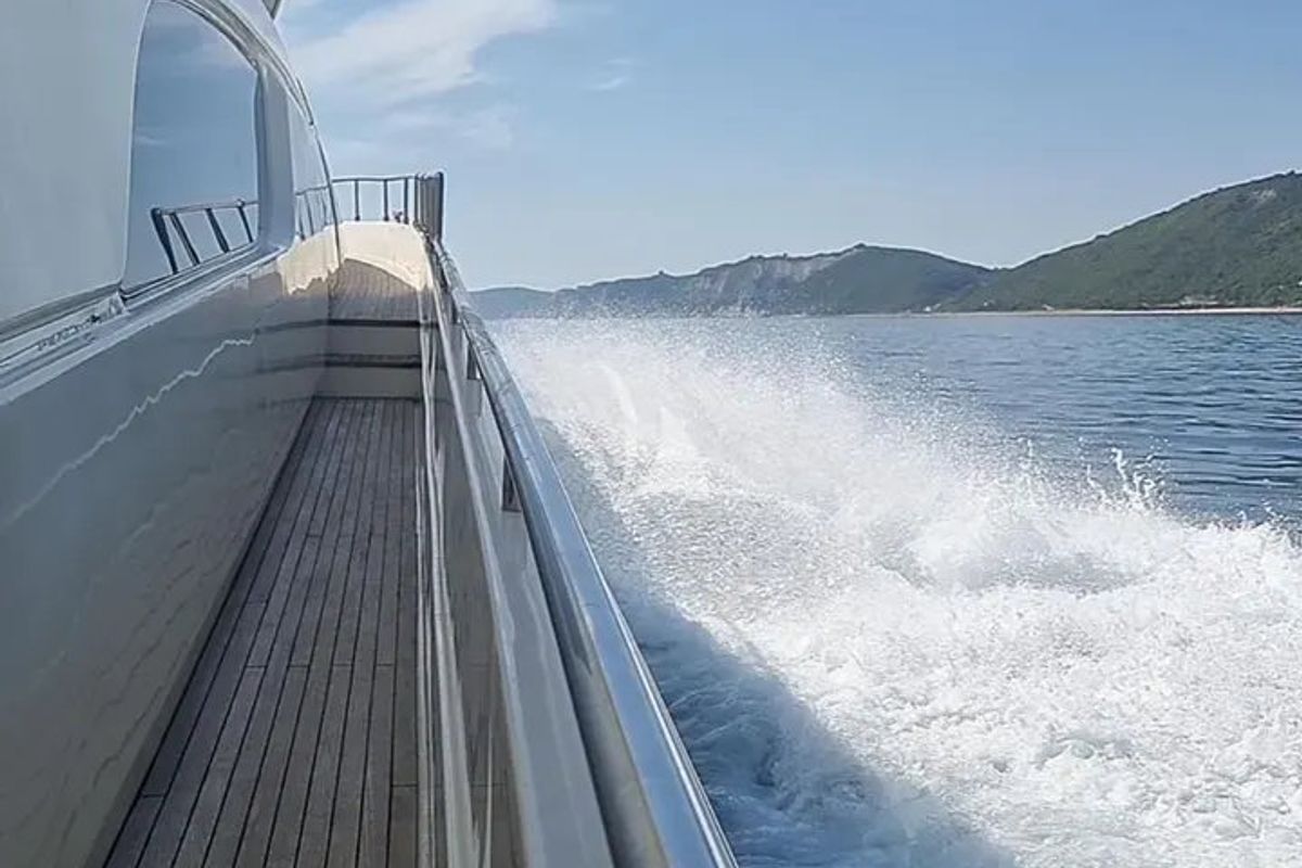 Deck of Kentavros II, a Ferretti 80 yacht at Gouvia, Greece