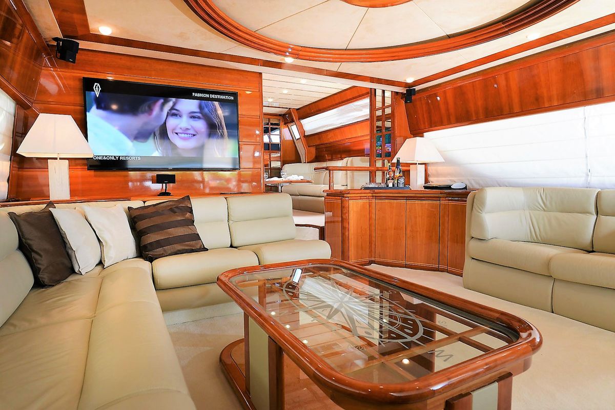 Salon of Kentavros II, a Ferretti 80 yacht at Gouvia, Greece