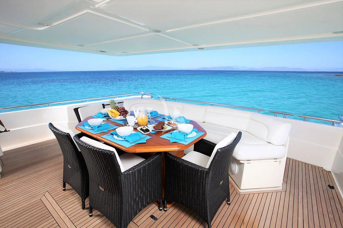 Deck of Kentavros II, a Ferretti 80 yacht at Gouvia, Greece