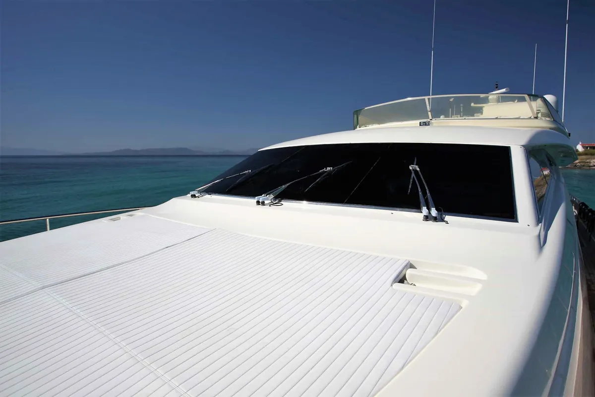 Deck of Kentavros II, a Ferretti 80 yacht at Gouvia, Greece