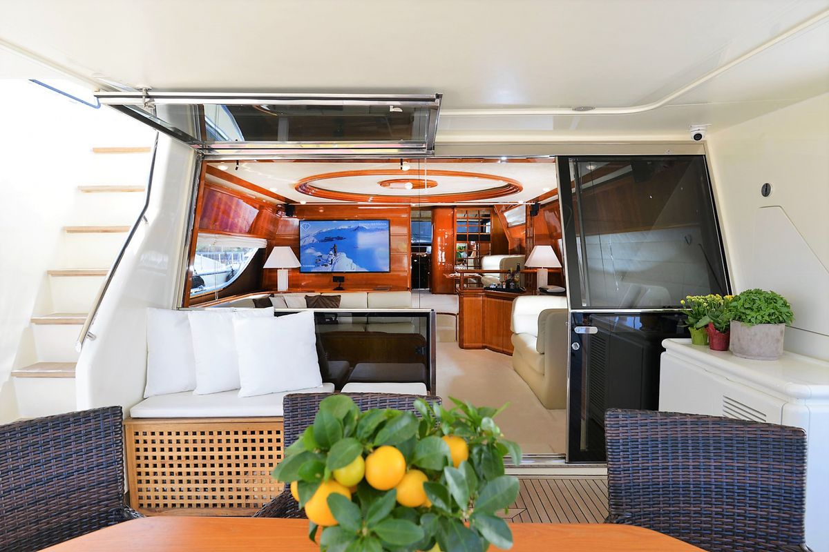 Deck of Kentavros II, a Ferretti 80 yacht at Gouvia, Greece