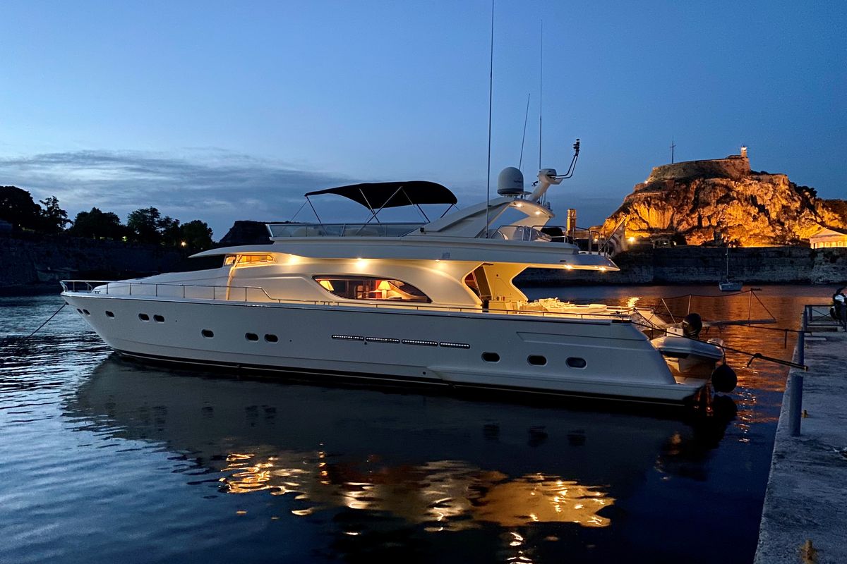 Exterior view of Kentavros II, a Ferretti 80 yacht at Gouvia, Greece