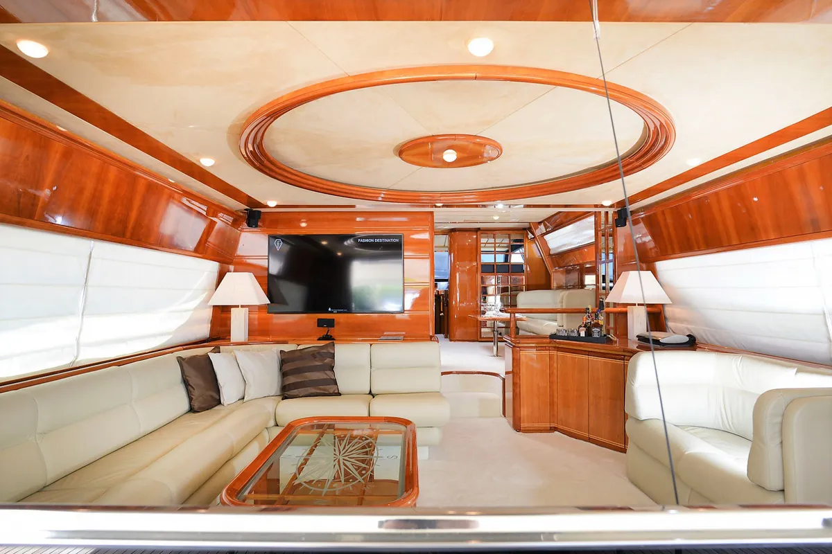 Salon of Kentavros II, a Ferretti 80 yacht at Gouvia, Greece