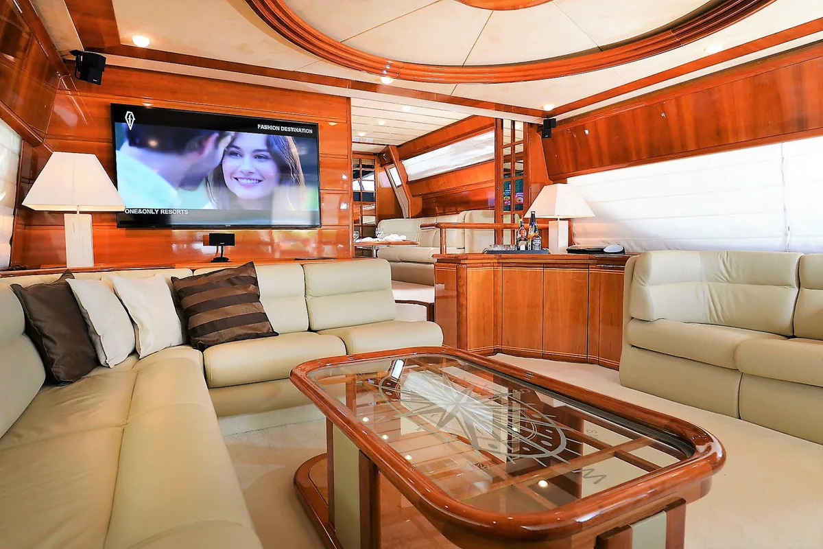 Salon of Kentavros II, a Ferretti 80 yacht at Gouvia, Greece