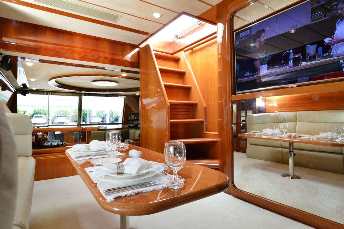 Salon of Kentavros II, a Ferretti 80 yacht at Gouvia, Greece