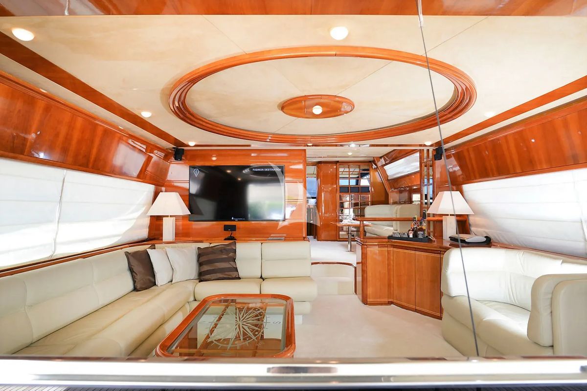 Salon of Kentavros II, a Ferretti 80 yacht at Gouvia, Greece