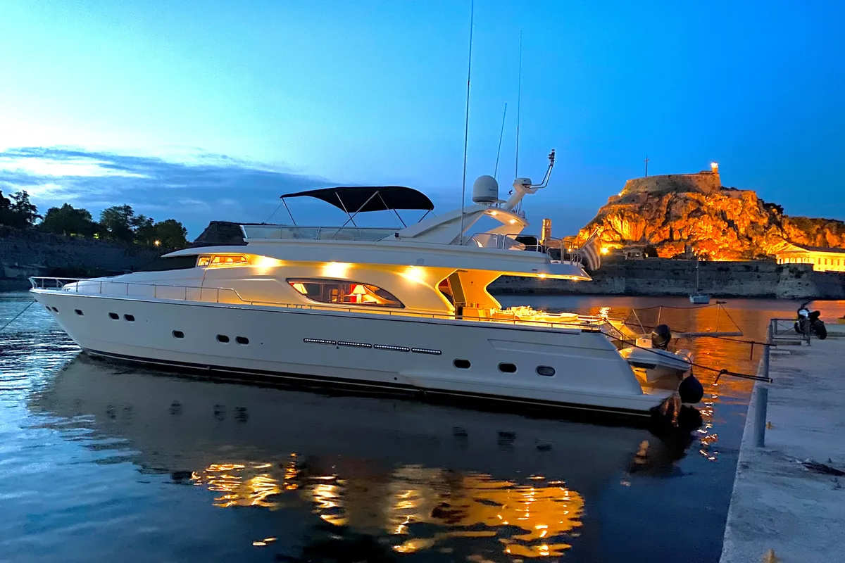 Exterior view of Kentavros II, a Ferretti 80 yacht at Gouvia, Greece