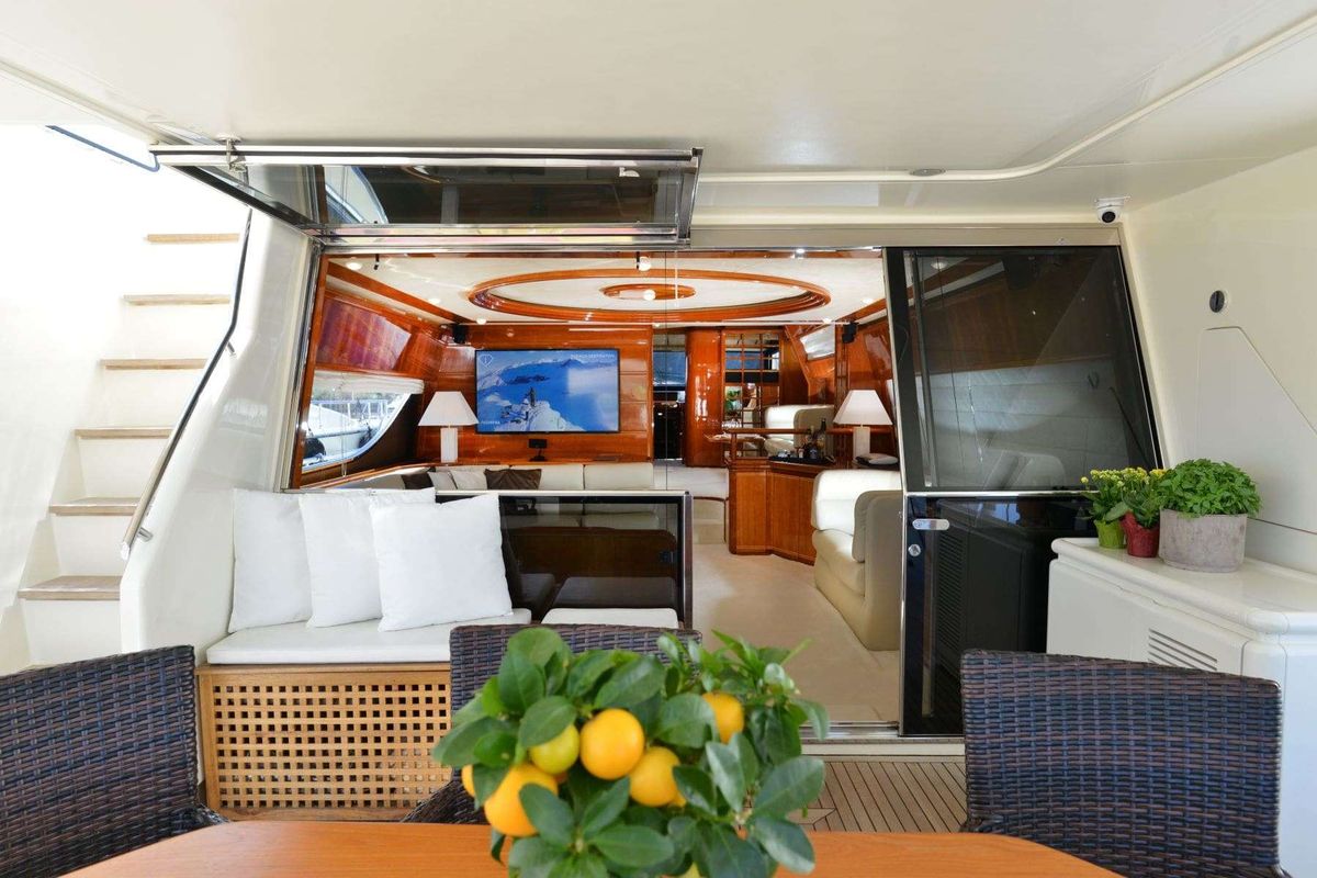 Deck of Kentavros II, a Ferretti 80 yacht at Gouvia, Greece