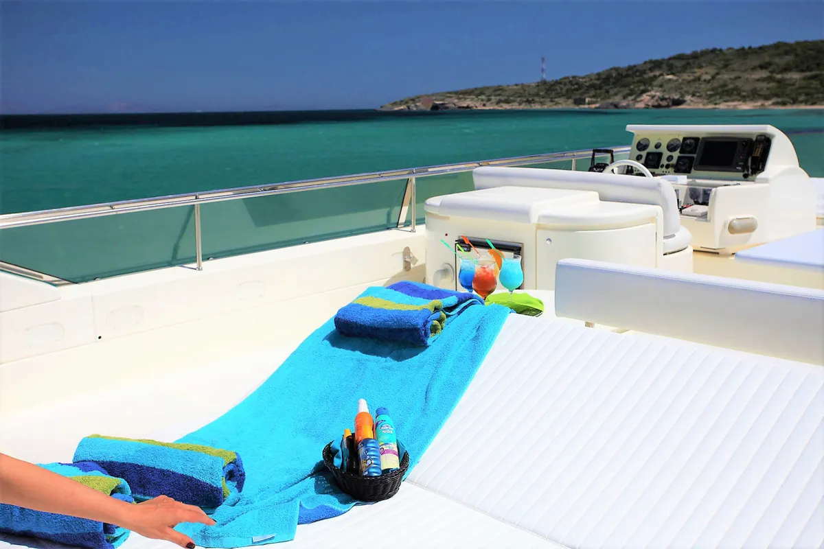 Deck of Kentavros II, a Ferretti 80 yacht at Gouvia, Greece