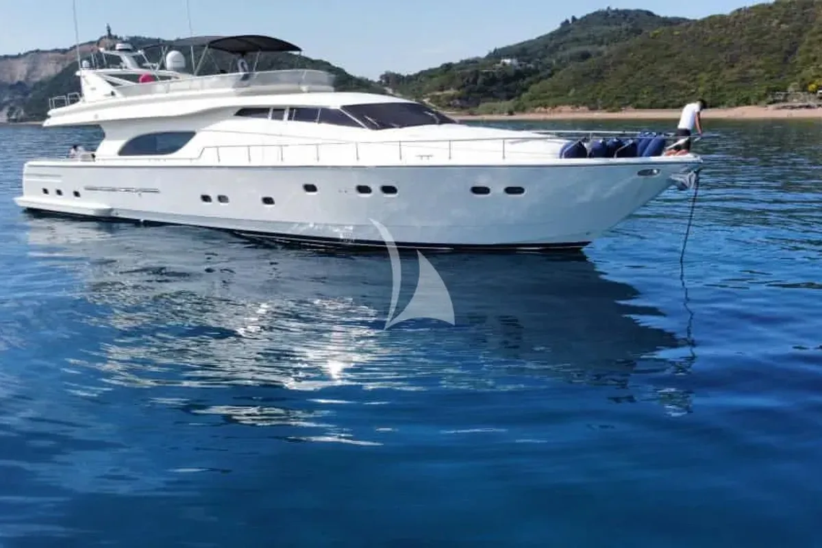 Exterior view of Kentavros II, a Ferretti 80 yacht at Gouvia, Greece