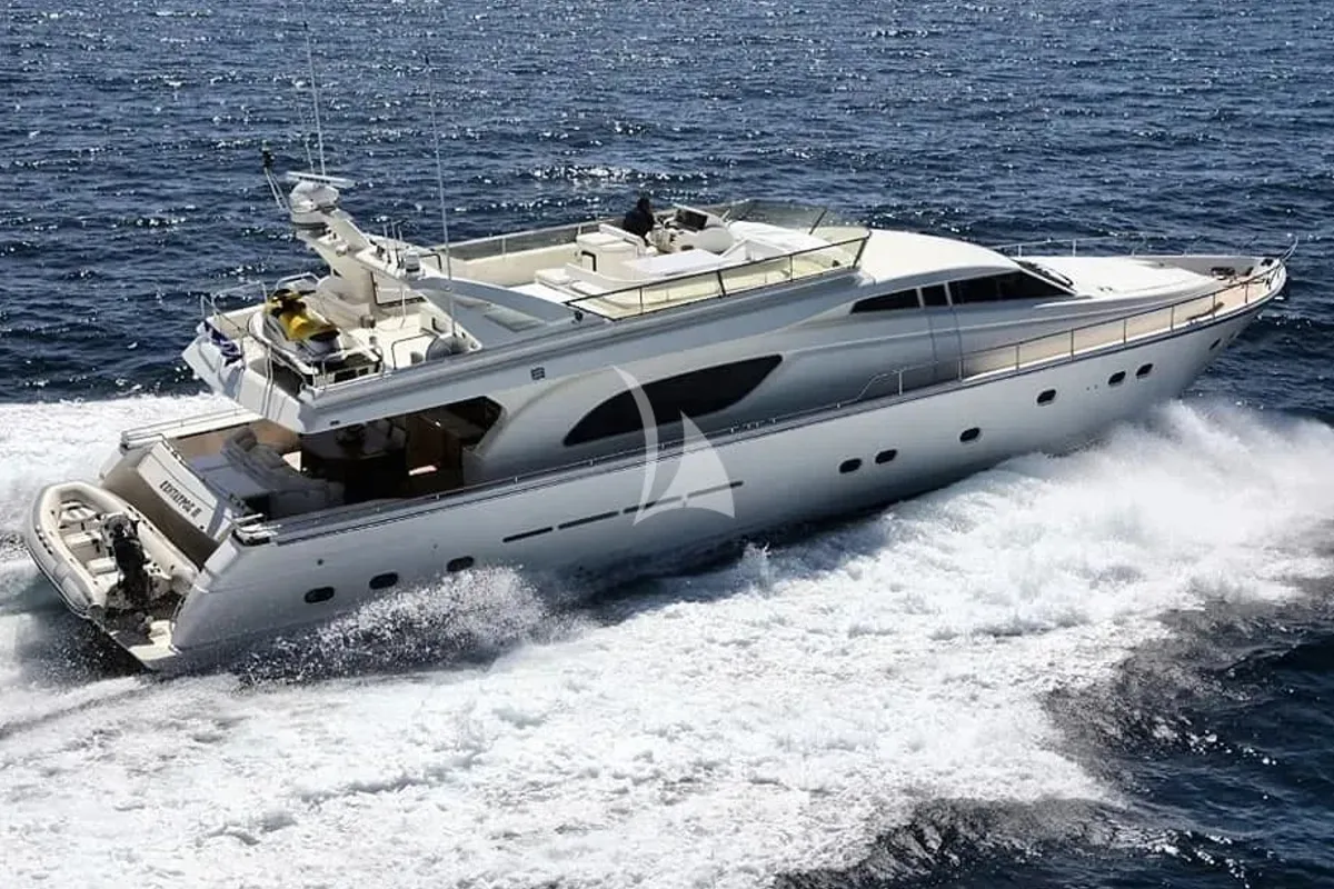 Deck of Kentavros II, a Ferretti 80 yacht at Gouvia, Greece