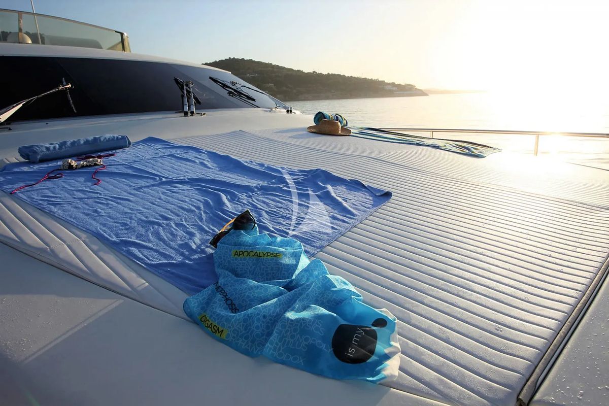 Deck of Kentavros II, a Ferretti 80 yacht at Gouvia, Greece