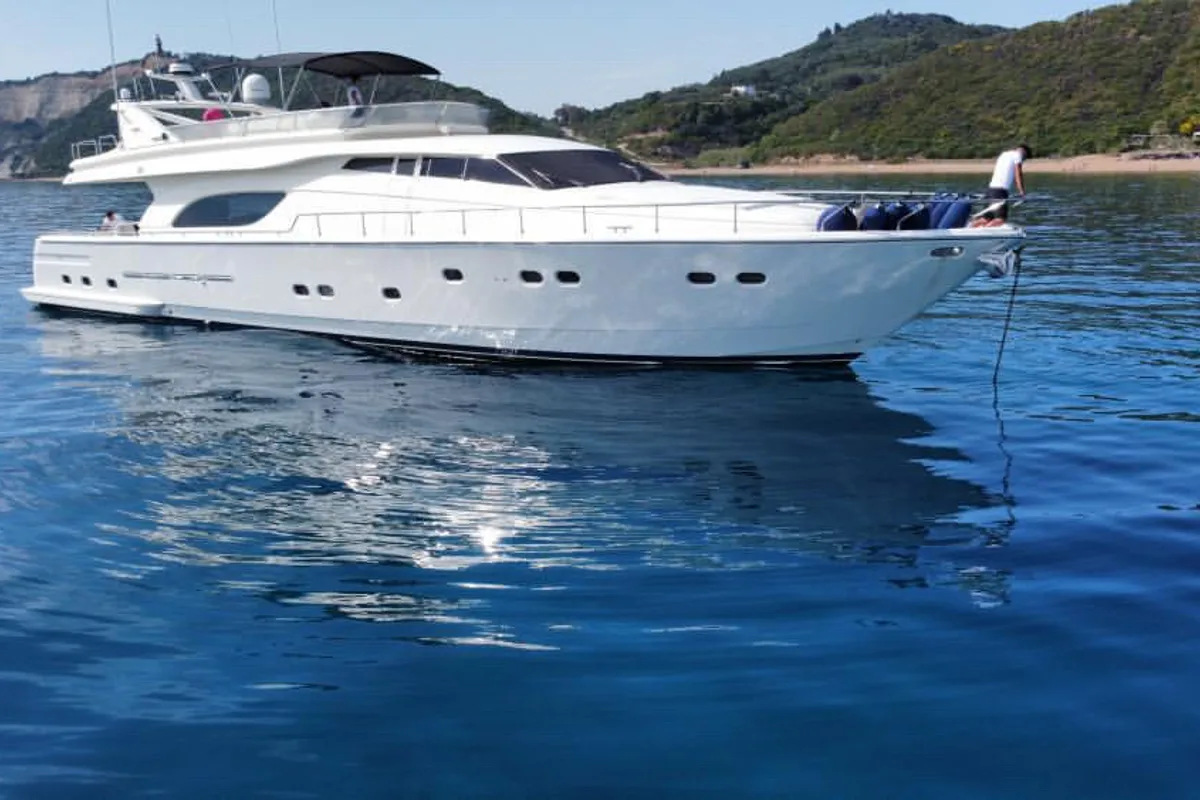 Exterior view of Kentavros II, a Ferretti 80 yacht at Gouvia, Greece