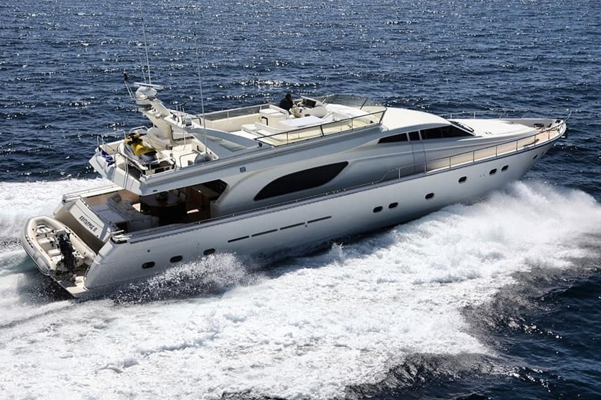 Exterior view of Kentavros II, a Ferretti 80 yacht at Gouvia, Greece