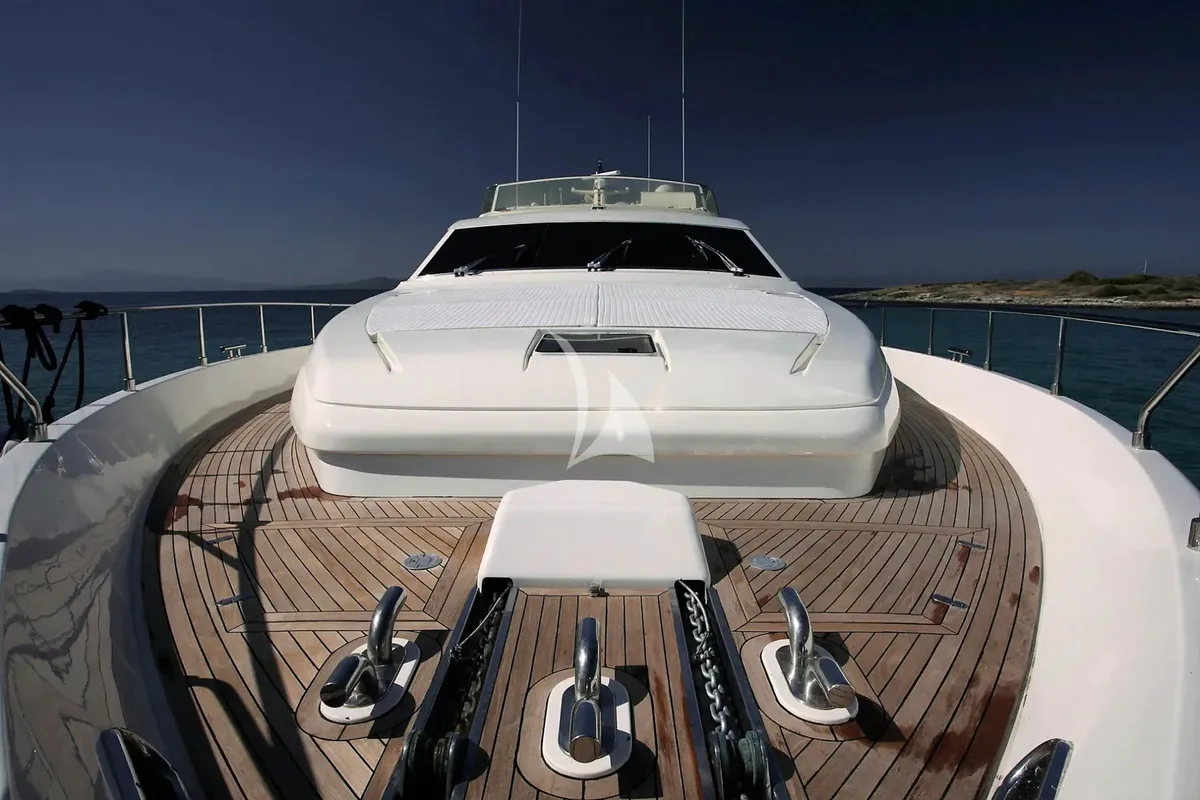 Deck of Kentavros II, a Ferretti 80 yacht at Gouvia, Greece