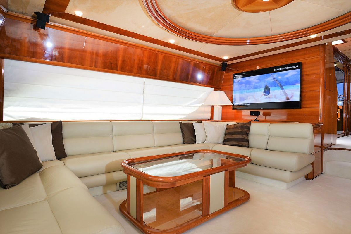 Salon of Kentavros II, a Ferretti 80 yacht at Gouvia, Greece
