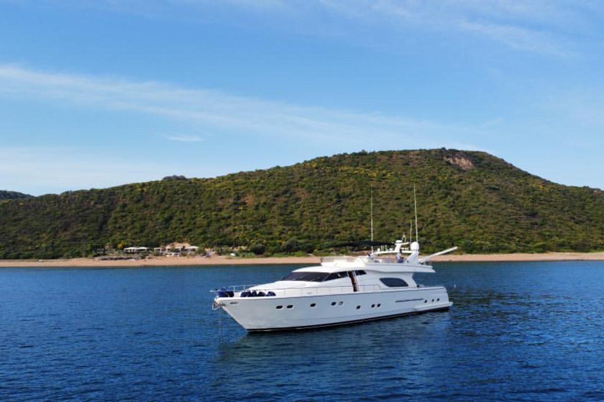 Exterior view of Kentavros II, a Ferretti 80 yacht at Gouvia, Greece