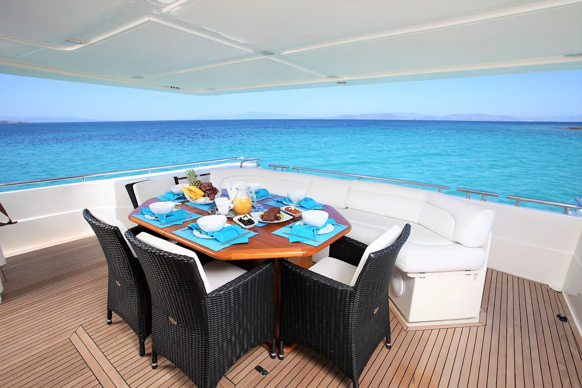 Deck of Kentavros II, a Ferretti 80 yacht at Gouvia, Greece