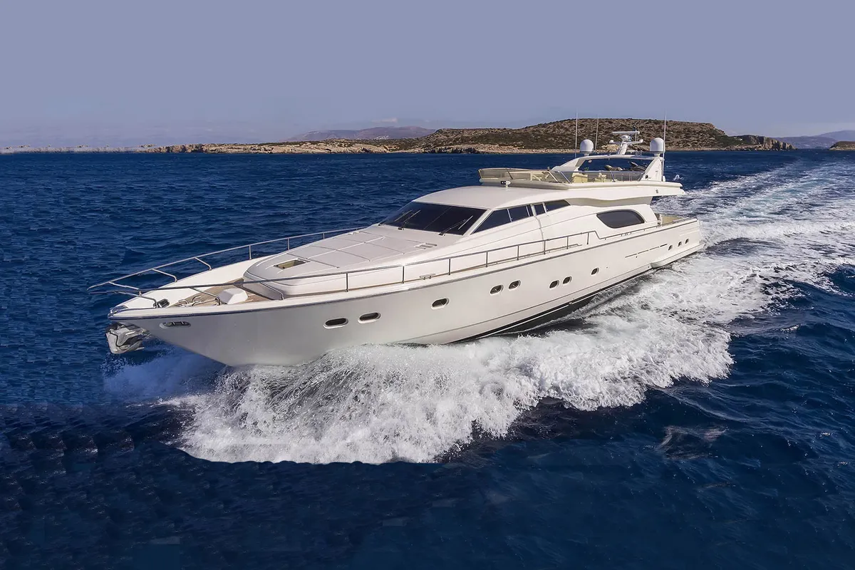 Exterior view of Kentavros II, a Ferretti 80 yacht at Gouvia, Greece