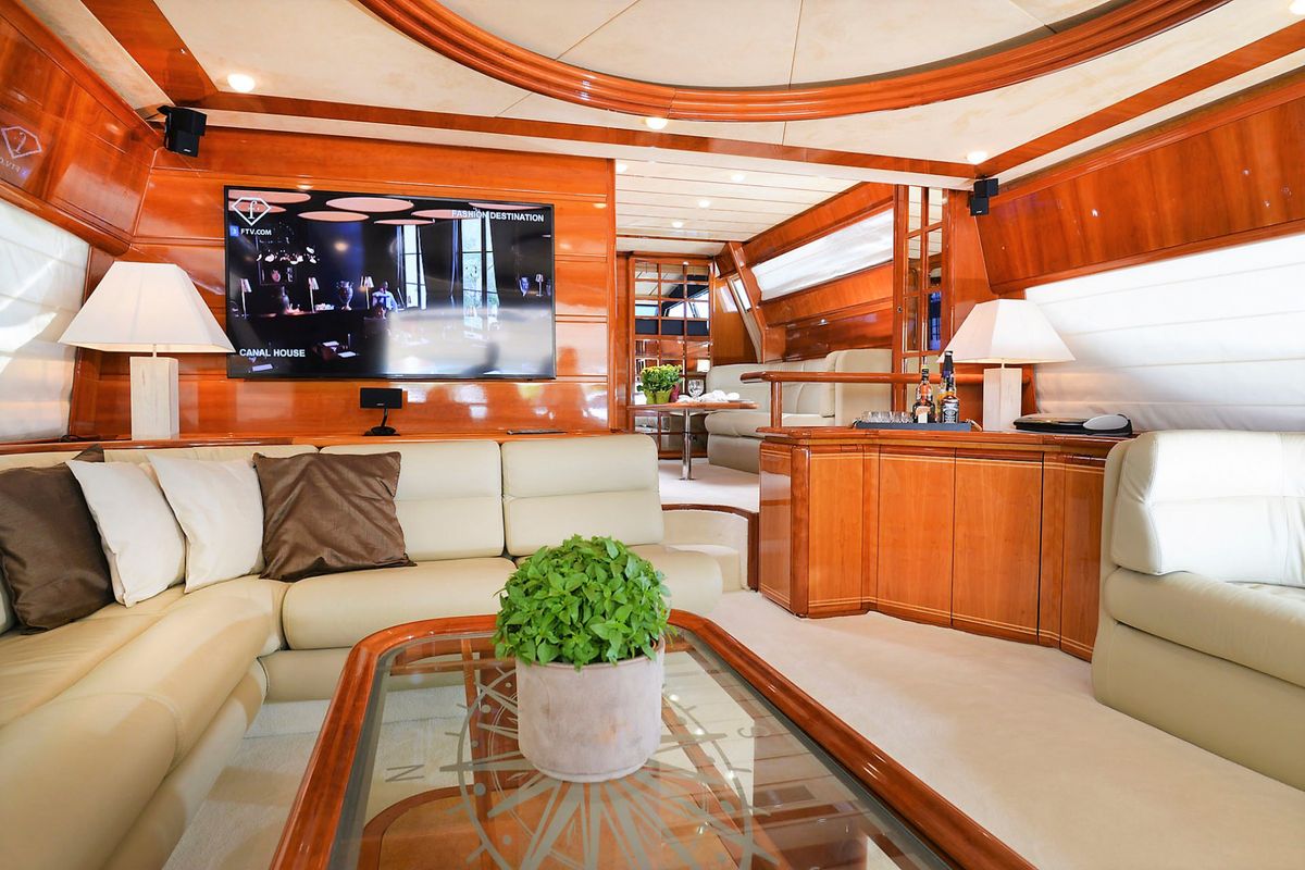 Salon of Kentavros II, a Ferretti 80 yacht at Gouvia, Greece