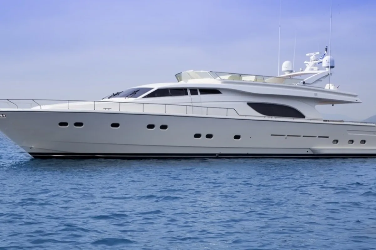 Exterior view of Kentavros II, a Ferretti 80 yacht at Gouvia, Greece