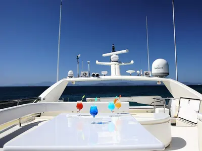 Cockpit of Kentavros II, a Ferretti 80 yacht at Gouvia, Greece