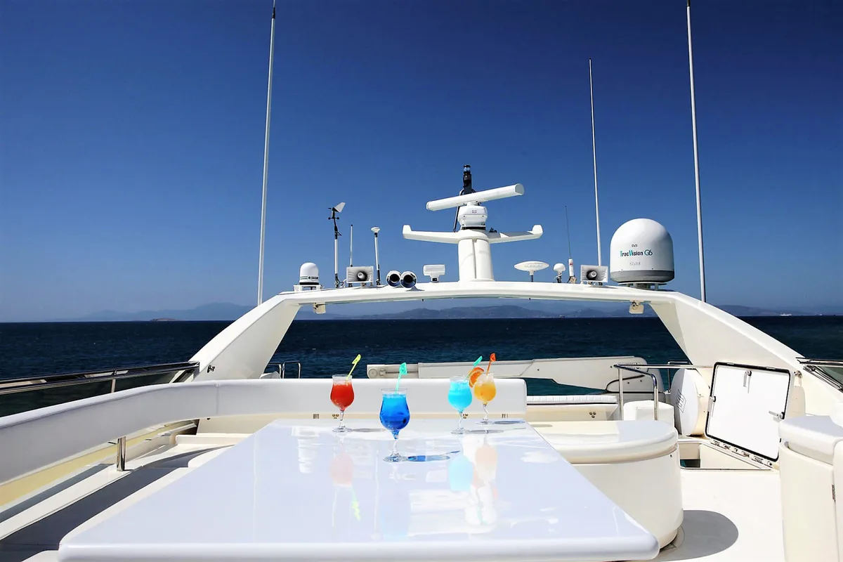 Cockpit of Kentavros II, a Ferretti 80 yacht at Gouvia, Greece