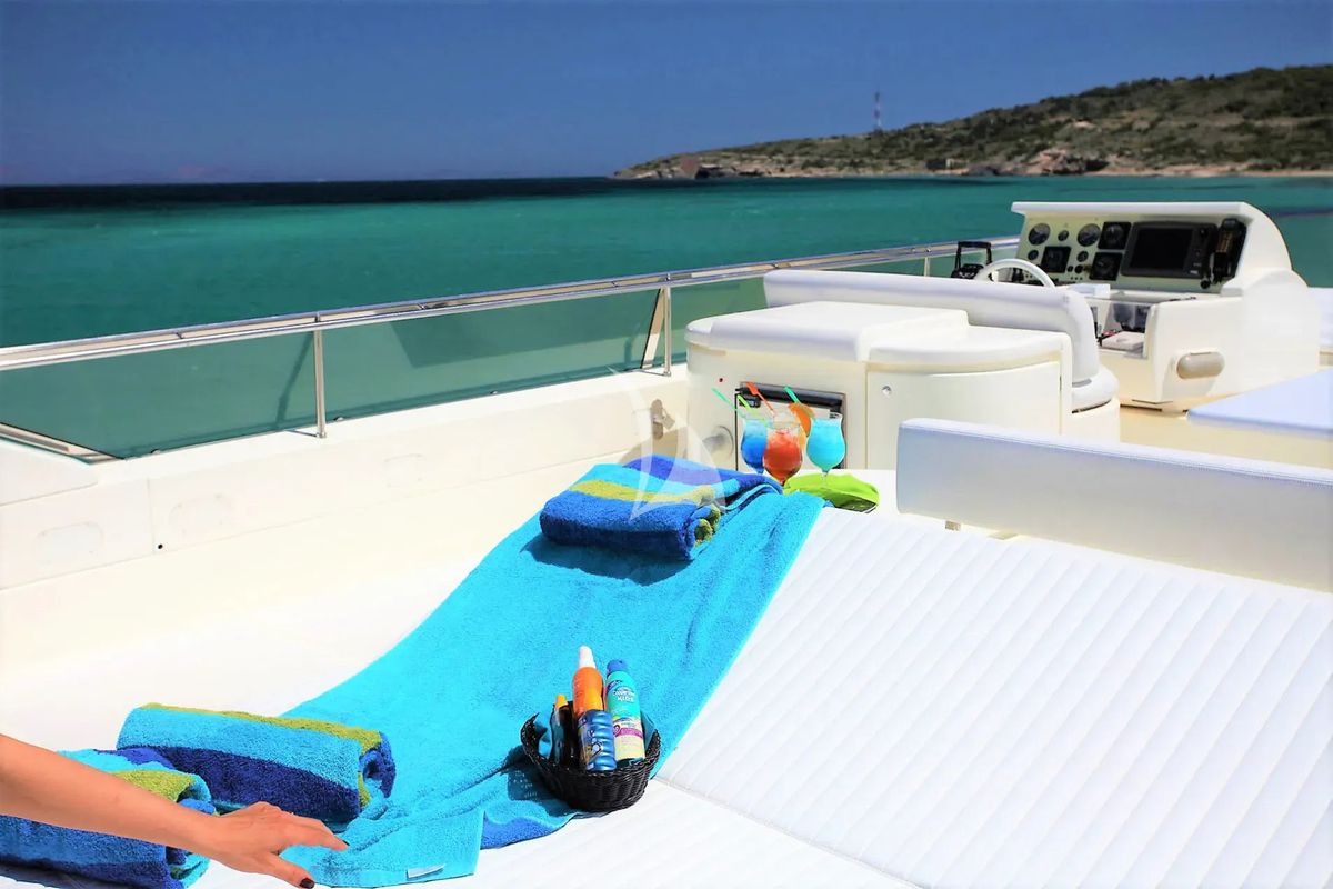 Deck of Kentavros II, a Ferretti 80 yacht at Gouvia, Greece