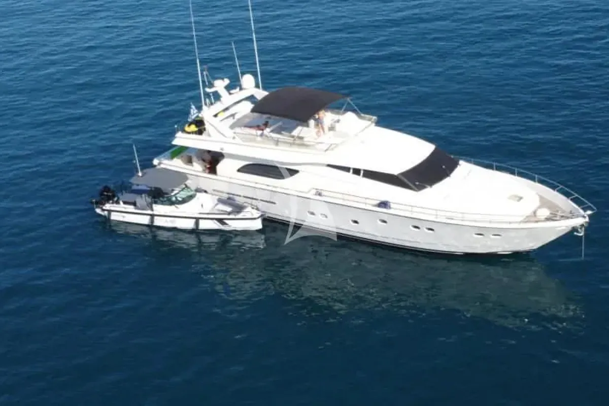 Exterior view of Kentavros II, a Ferretti 80 yacht at Gouvia, Greece