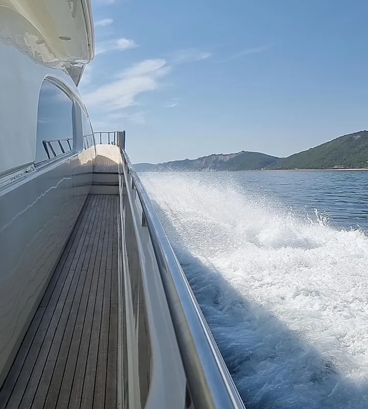 Deck of Kentavros II, a Ferretti 80 yacht at Gouvia, Greece