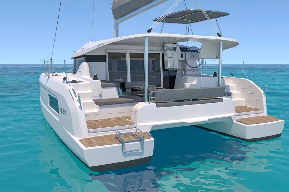 Exterior view of Blue Willi, a Lagoon 38 catamaran at Olbia, Italy