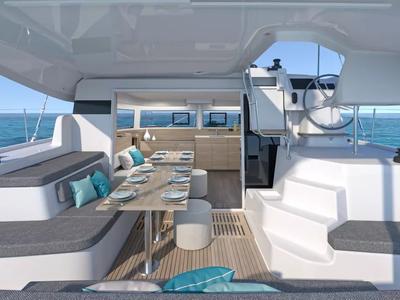 Deck of Blue Willi, a Lagoon 38 catamaran at Olbia, Italy