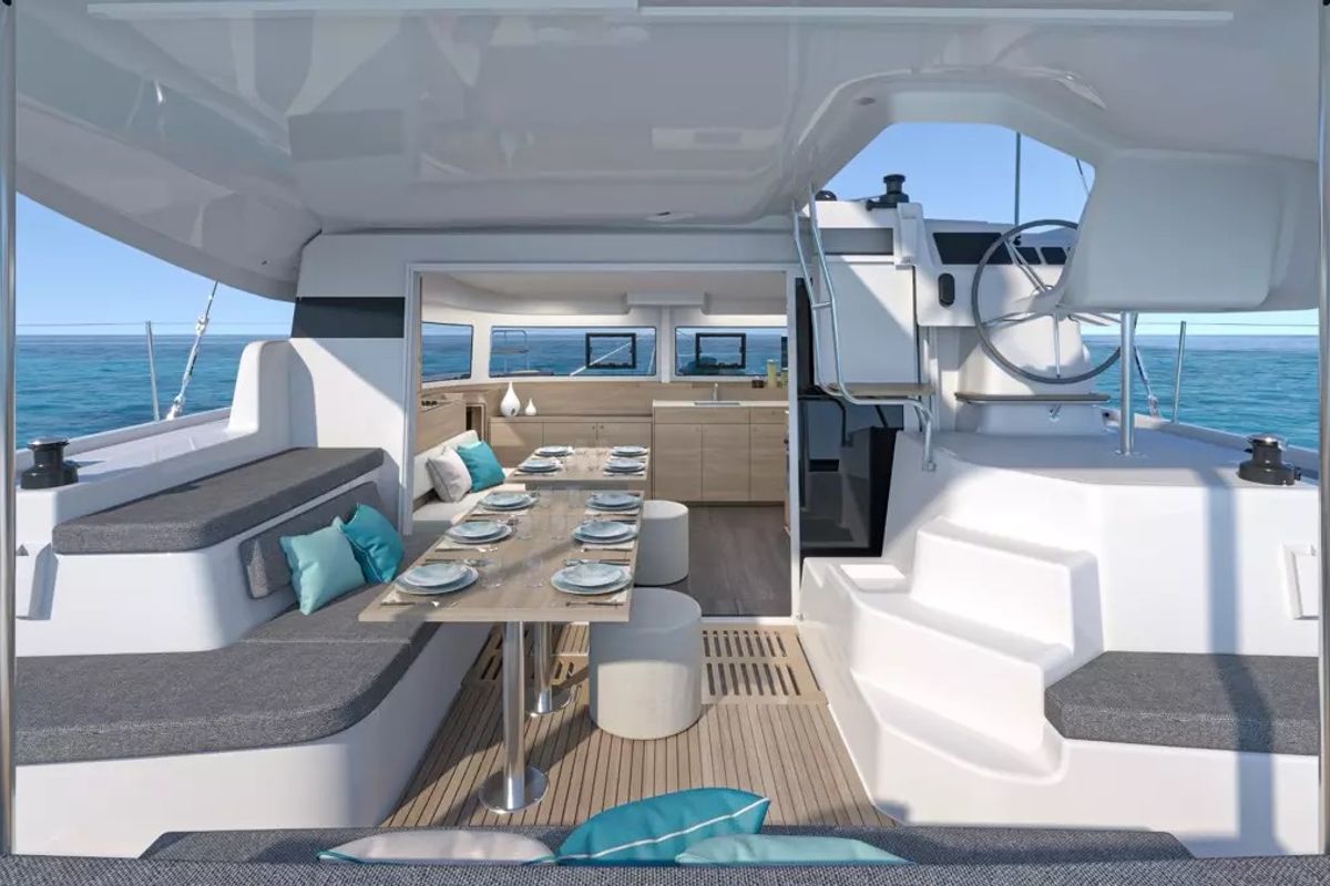 Deck of Blue Willi, a Lagoon 38 catamaran at Olbia, Italy